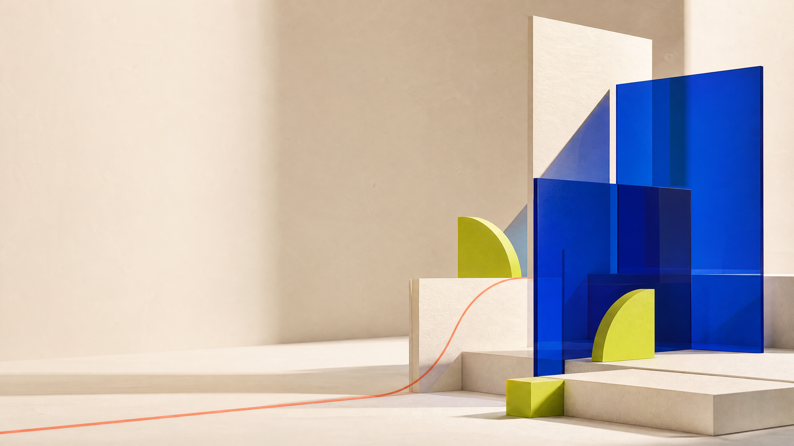 Cobalt and lime architectural forms arranged in a calm capacity field